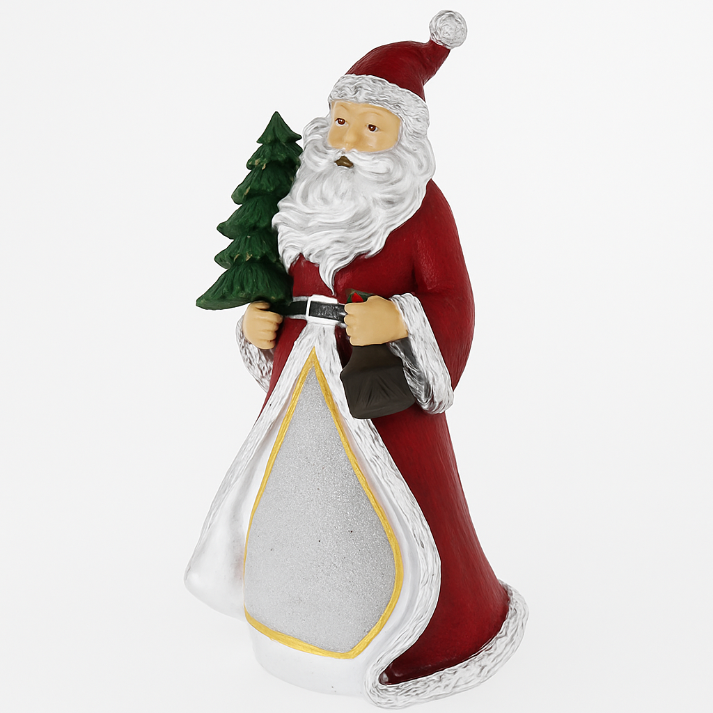 Babbo Natale decorativo Bagutta con mantello rosso e argento mentre regge un pacco regalo verde e oro